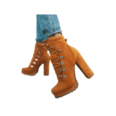 

Eloshman Lace up Chunky Heel Ankle Booties for Women Block High Heel Platform Combat Boots Suede Winter Cold Weather Brown Yellow 7