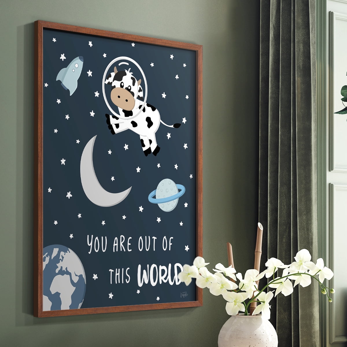 Cow in Space II in Paper Solid Wood 11 x 14 Framed Print