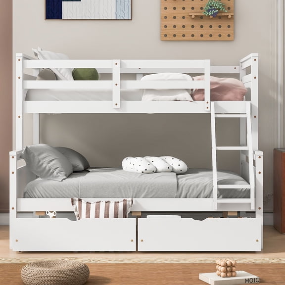 Twin over Full Bunk Bed with Ladder, 2 Storage Drawers & Safety Guardrails, Converts into 2 Separate Beds, Solid Pine Wood Frame, No Box Spring Needed, White