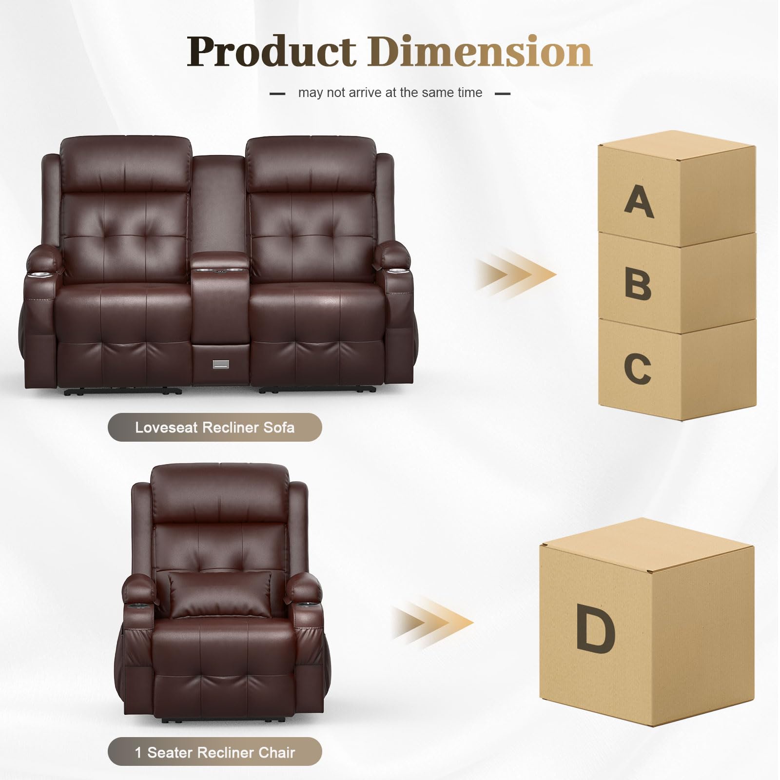 LOBERFVE Loveseat, 2 Seater Manual Recliner with Cup Holders, USB and Type-C Interface, PU Leather Recliner Sofa with Massage Function for Living Room Furniture, Brown 2+1