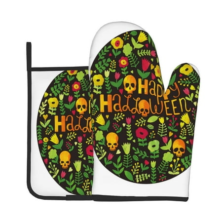 

Gaeub Happy Halloween Floral Print Oven Mitts and Pot Holders Sets of 2 Heat Resistant Pad Cooking Gloves for Baking BBQ Home Decor