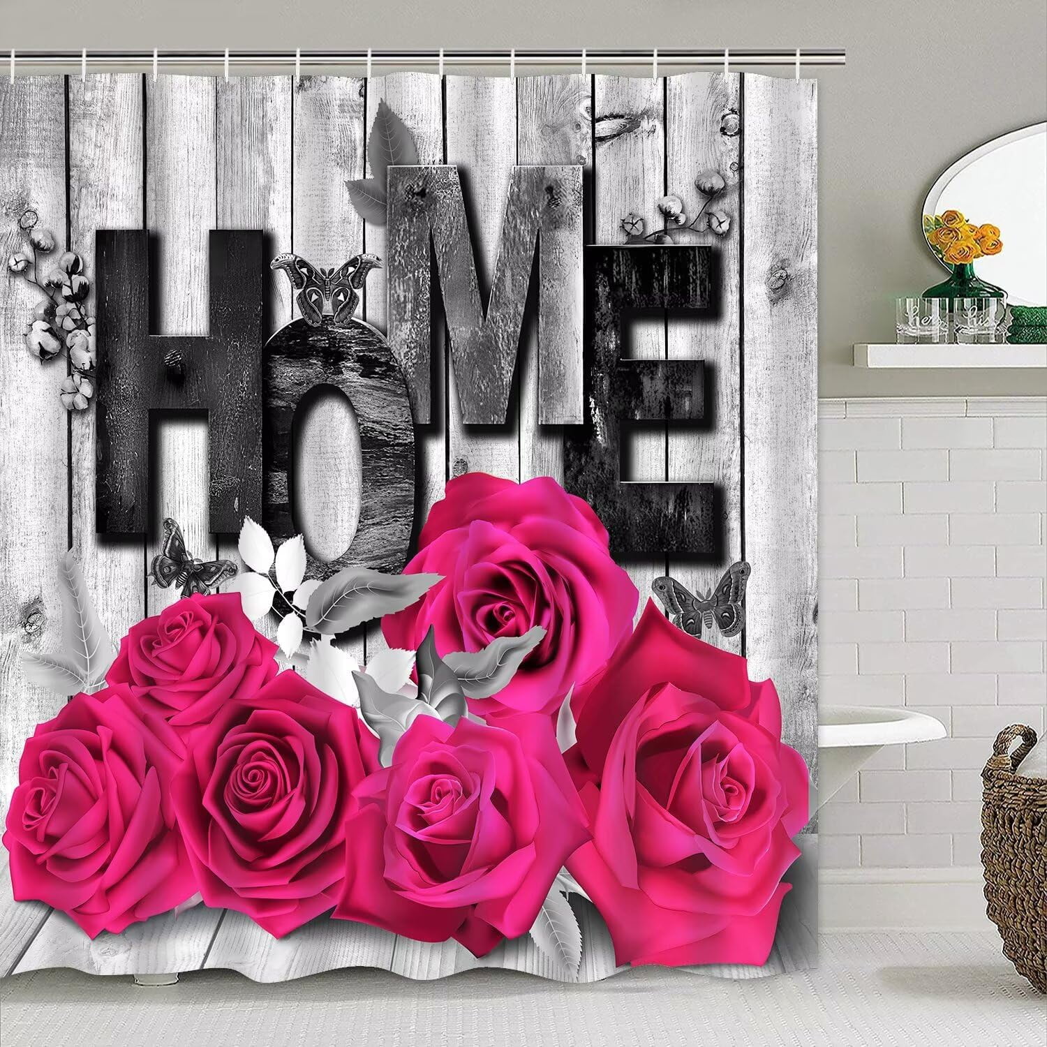Red Rose 4 Pcs Shower Curtain Sets Non-Slip Rugs Bath Mat Toilet Cover U Shaped Mat Black Red Shower Curtain with 12 Hooks Red Rose Bathroom Set