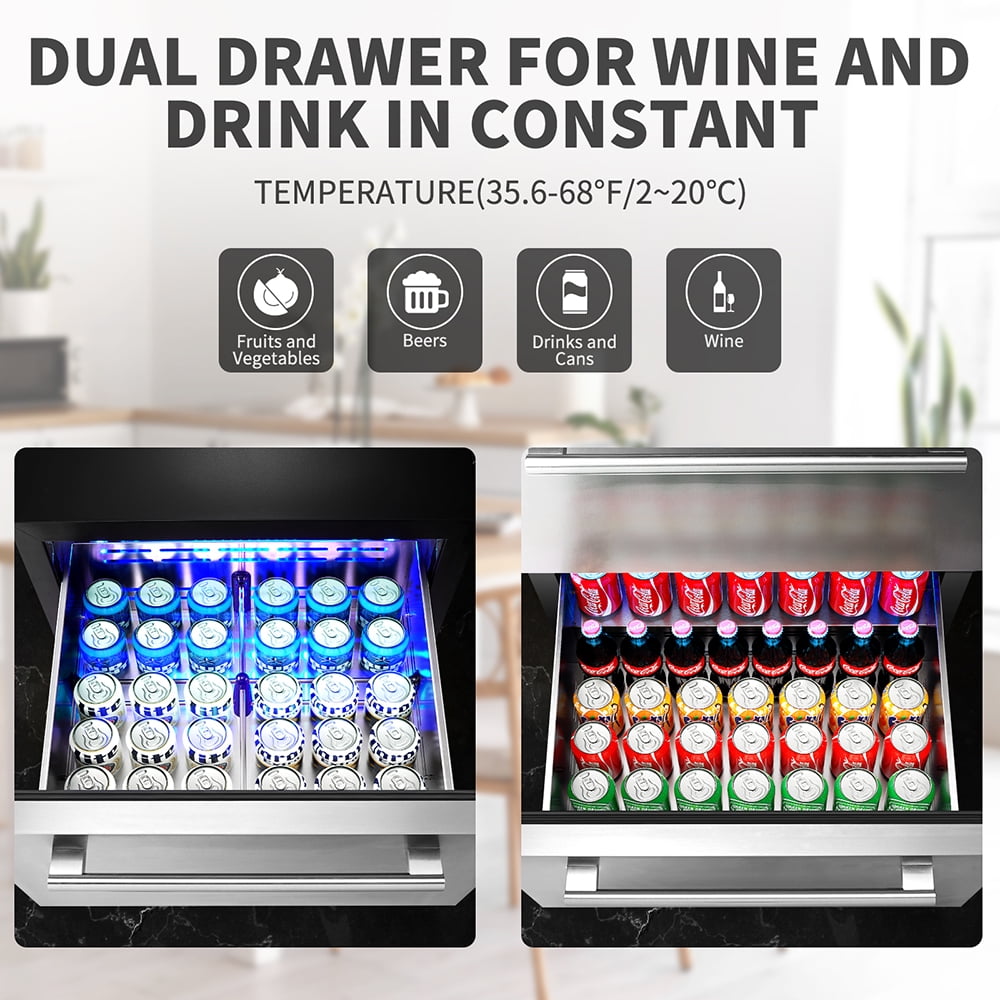 BODEGACOOLER 24in Double Drawer Beverage Refrigerator 149 Cans with Temperature Adjustment for Under Counter Built-in & Freestanding, Weather Proof Dual Zone Wine Cooler Fridge Indoor and Outdoor