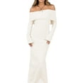 thumbnail image 1 of FOCUSNORM Robe Épaules Dénudées pour Femmes Couleur Unie Fendue Ourlet Décontractée Manches Longues Tricotée Robe de Soirée pour Plage Cocktail Club Mode Urbaine, 1 of 6
