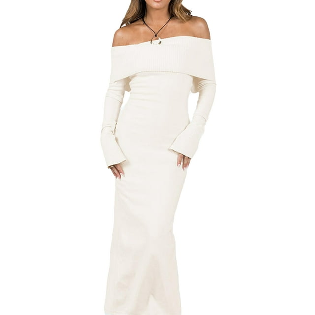 FOCUSNORM Robe Épaules Dénudées pour Femmes Couleur Unie Fendue Ourlet Décontractée Manches Longues Tricotée Robe de Soirée pour Plage Cocktail Club Mode Urbaine
