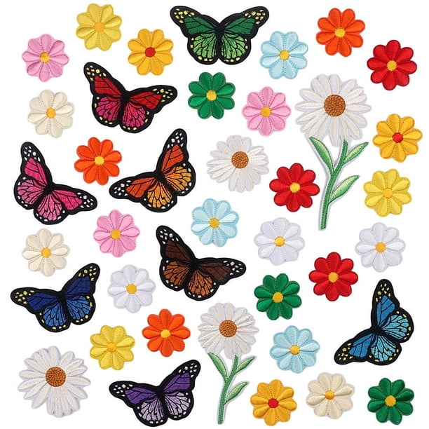 39 parches bordados para planchar con diseño de flores de girasol, para ropa, grandes, coloridos, decorativos, para ropa, vestido, sombrero, vaqueros, bricolaje (mariposa, girasol, margarita) brillar Electrónica