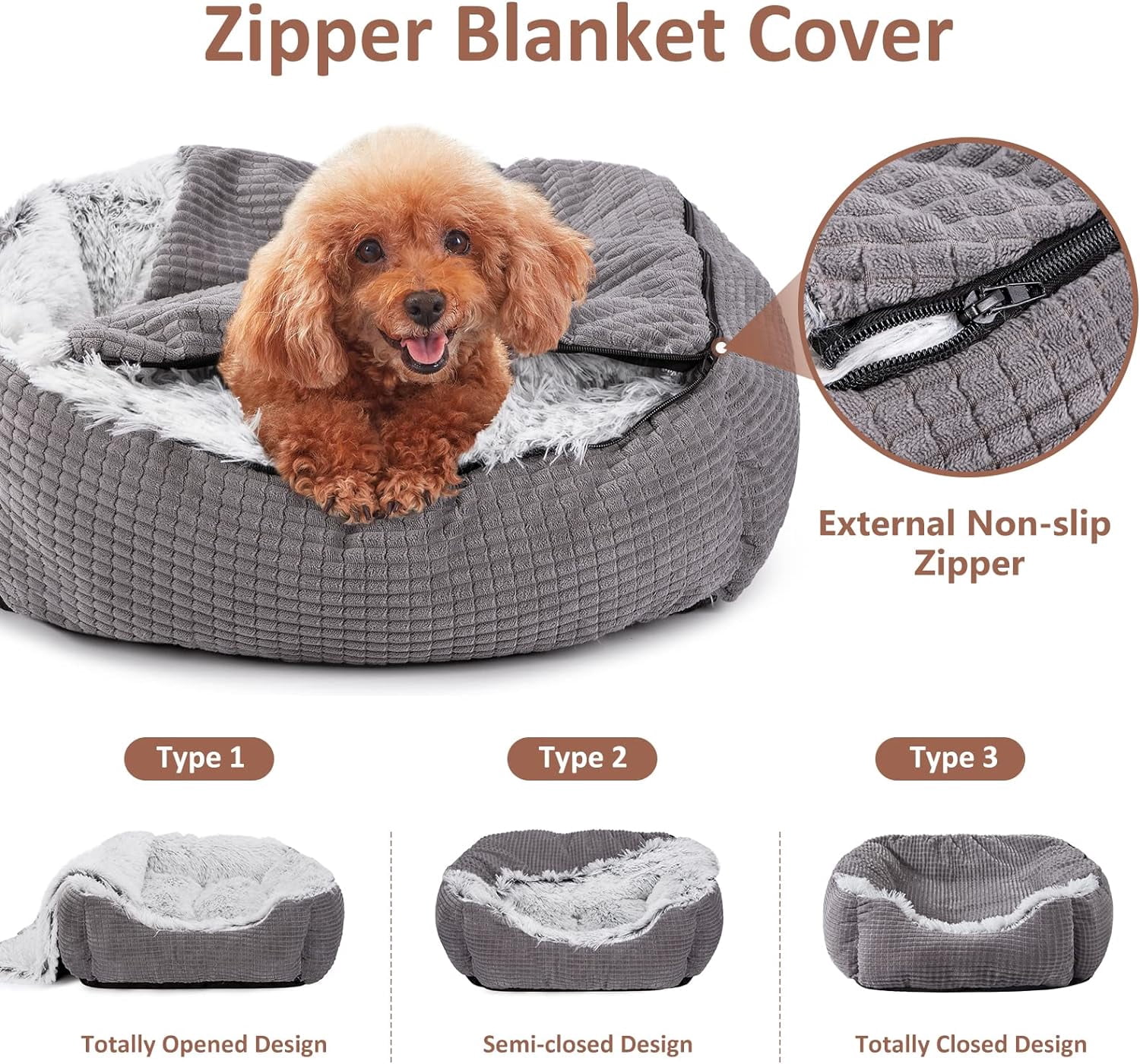 Luxury Orthopedic Dog Bed With Blanket Hood Grey 25 Inches Soft Faux Fabric