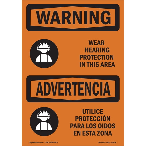 OSHA WARNING Sign - Wear Hearing Protection Bilingual | Plastic Sign | Protect Your Business, Construction Site, Warehouse & Shop Area | Made in the USA
