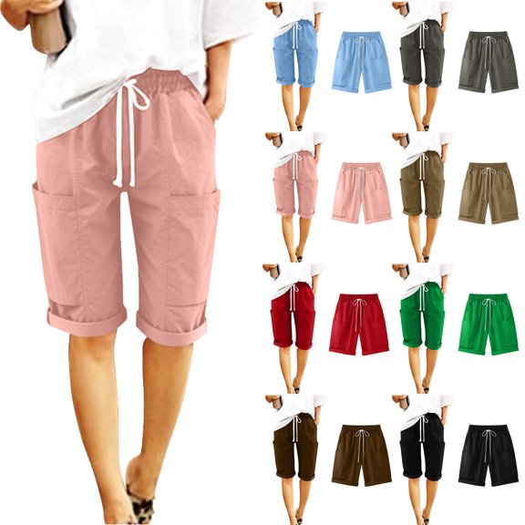 Shorts for Women Plus Size Summer Solid Color Casual Loose Elastic Waisted Loose Capris Outdoor Sport Leisure Wide Leg Pants with Pockets