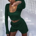 thumbnail image 5 of Womens 2 Piece Outfits Long Sleeve U Neck Crop Top and Shorts Matching Lounge Set Loungewear Sweatsuit Pajama Set, 5 of 7