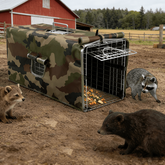 32 Inch Humane Live Animal Trap Cage with Weatherproof Oxford Cover, Heavy Duty Iron Mesh for Raccoons Opossums Groundhogs Skunks Cats Armadillos, Outdoor Wildlife Removal Pest Control