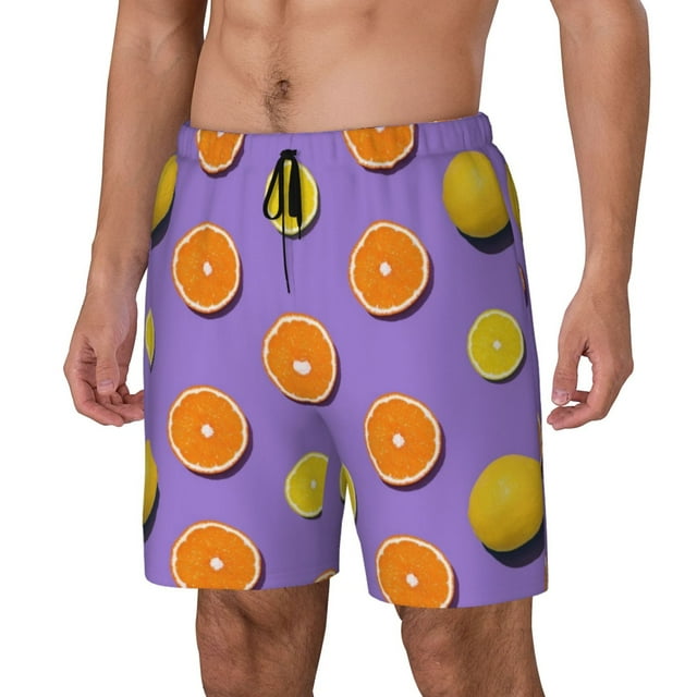 Kdxio Yellow Lemon And Orange Print Mens Swim Shorts with Mesh Lining, Breathable and Quick-Drying, Adjustable Waist, Privacy Pocket-Large