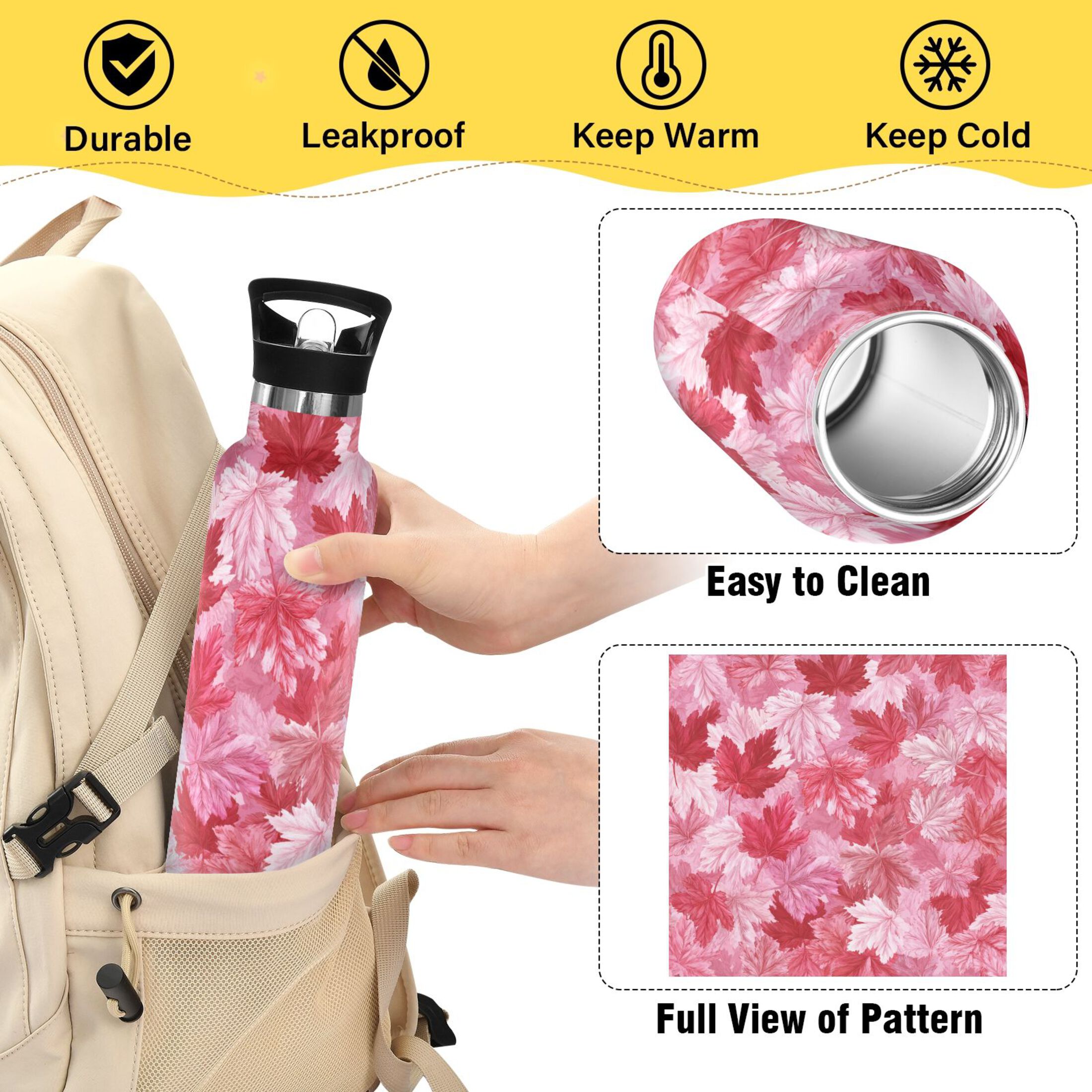 600ML Stainless Steel Insulated Cup Sports Water Bottle Portable Thermos Cup Water Glasses Insulated Tumblers Convenient and Durable Maple Leaf