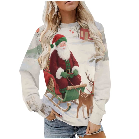 asdoklhq Christmas Oversized Tshirts for Women's Christmas Solid-color Round-neck Casual Sporty Long-sleeved Fleece Sweatshirt Top Multicolor XL