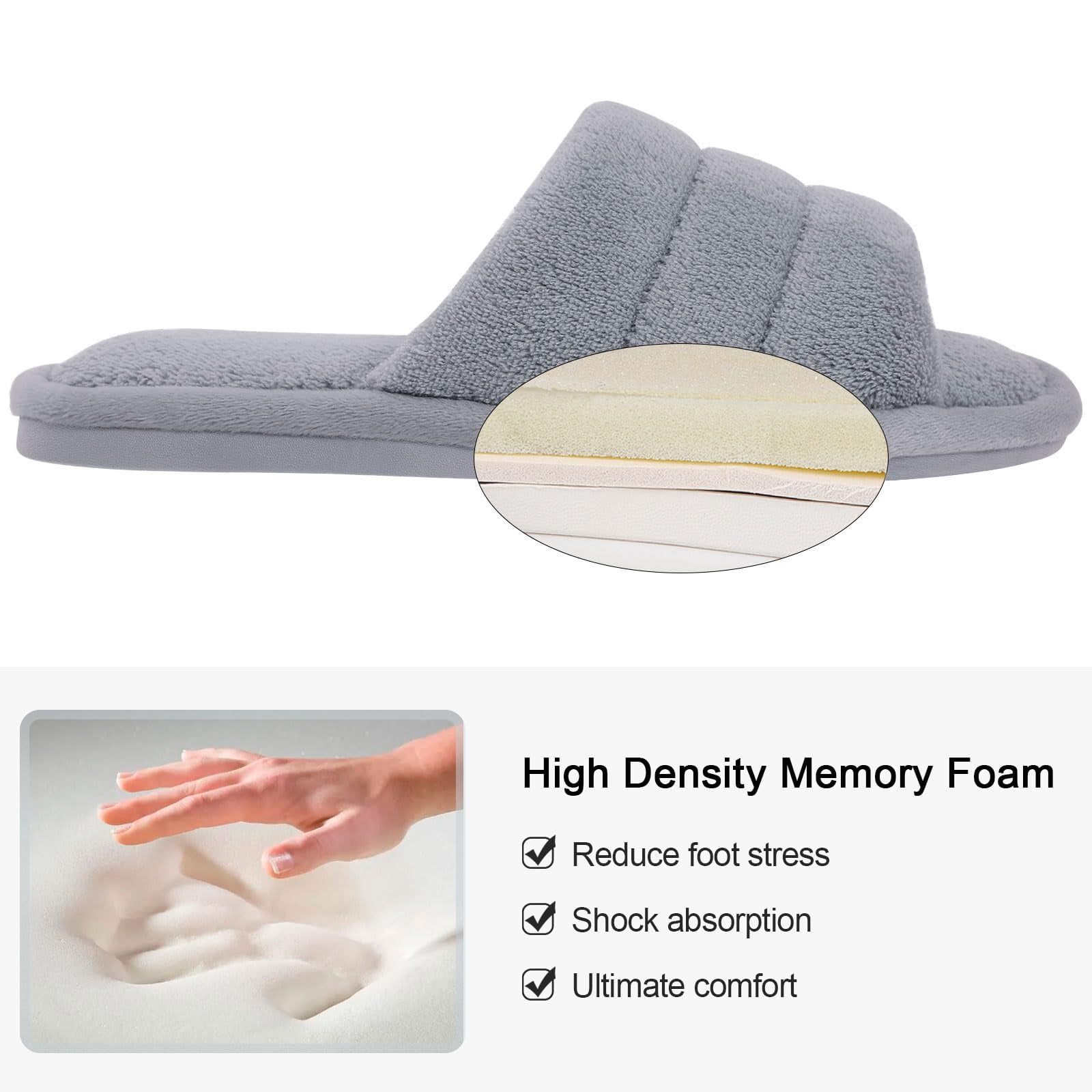 Litfun Open Toe Slippers for Women Comfort Terry Cloth House Slippers Memory Foam Slide Slippers, Grey