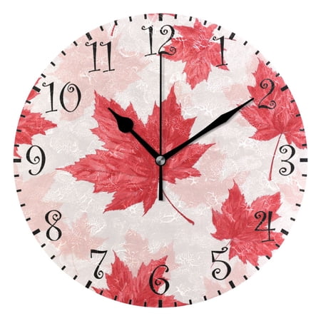 10 Artistic Round Wall Decorative Desk Clock Wall Clock Home Decor Red Maple Leaves Pattern