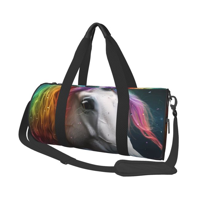 Fotbe Colorful Haired White Horse Bolsa Deportiva de Lona Plegable con Estampado, Bolsa de Gimnasio con Bolsillo Seco/Húmedo, Bolsa de Viaje Ultraligera de Gran Capacidad