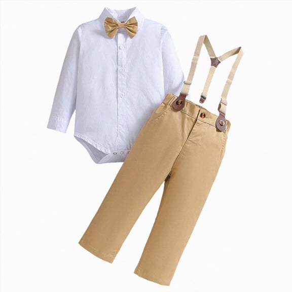 larppty Baptism Christening Outfit for Boy Baby Clothes Suit Infant Gentleman Wedding Outfit Bowtie Romper Suspender Pants Set (Khaki,12-18 Months)