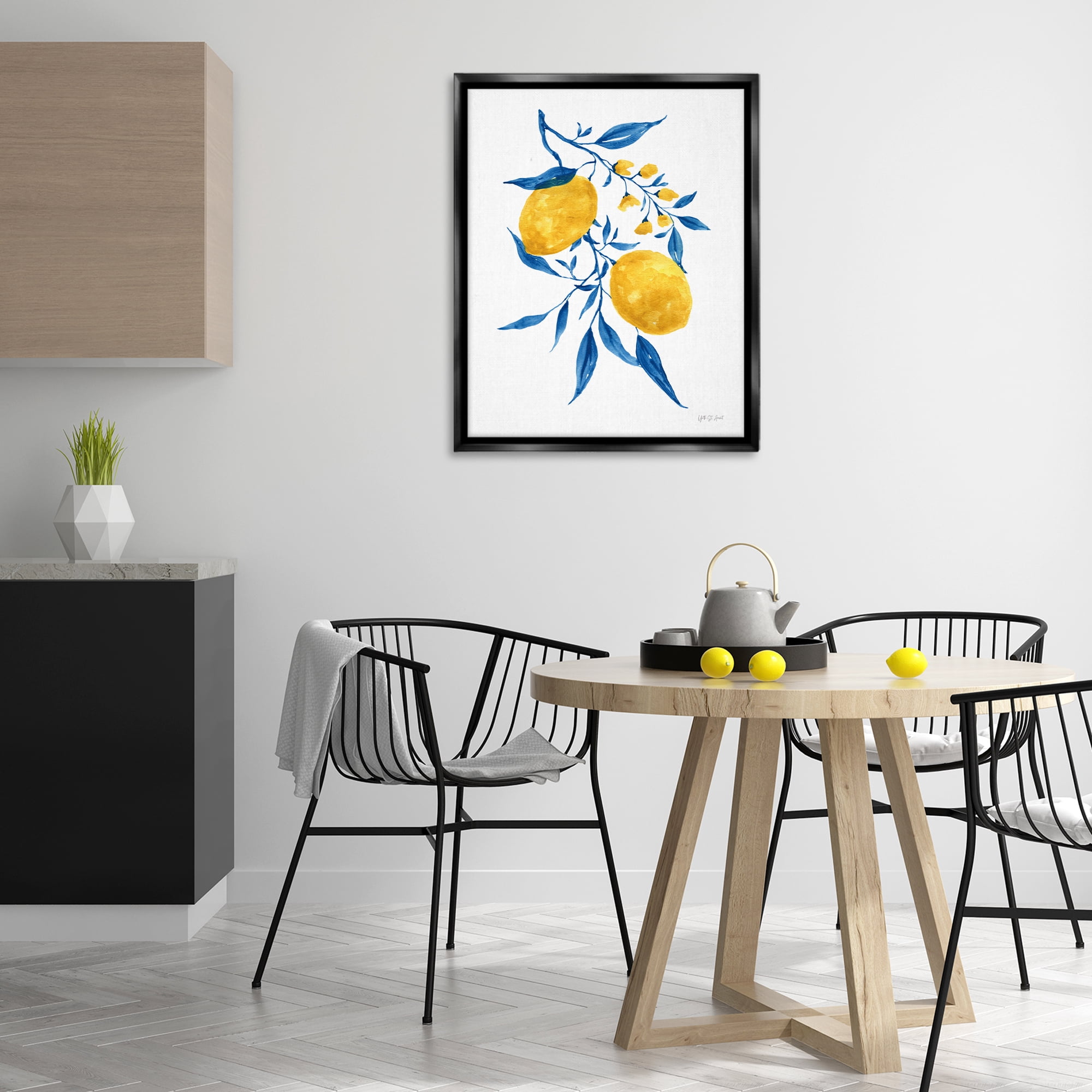 Stupell Industries Lemons with Blue Leaves Food & Beverage Painting Black Floater Framed Canvas Art Print Wall Art, 25 x 31