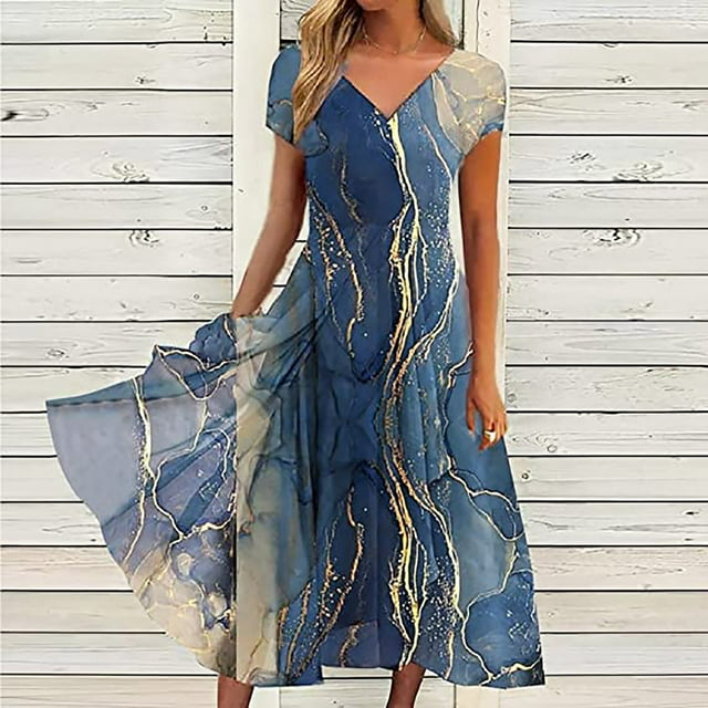 Lenago Robe d'Été Grande Taille pour Femmes Robes d'Été pour Femmes Imprimé Floral Manches Courtes Col en V Robe Plissée Fluide Robes de Plage de Fête en Solde