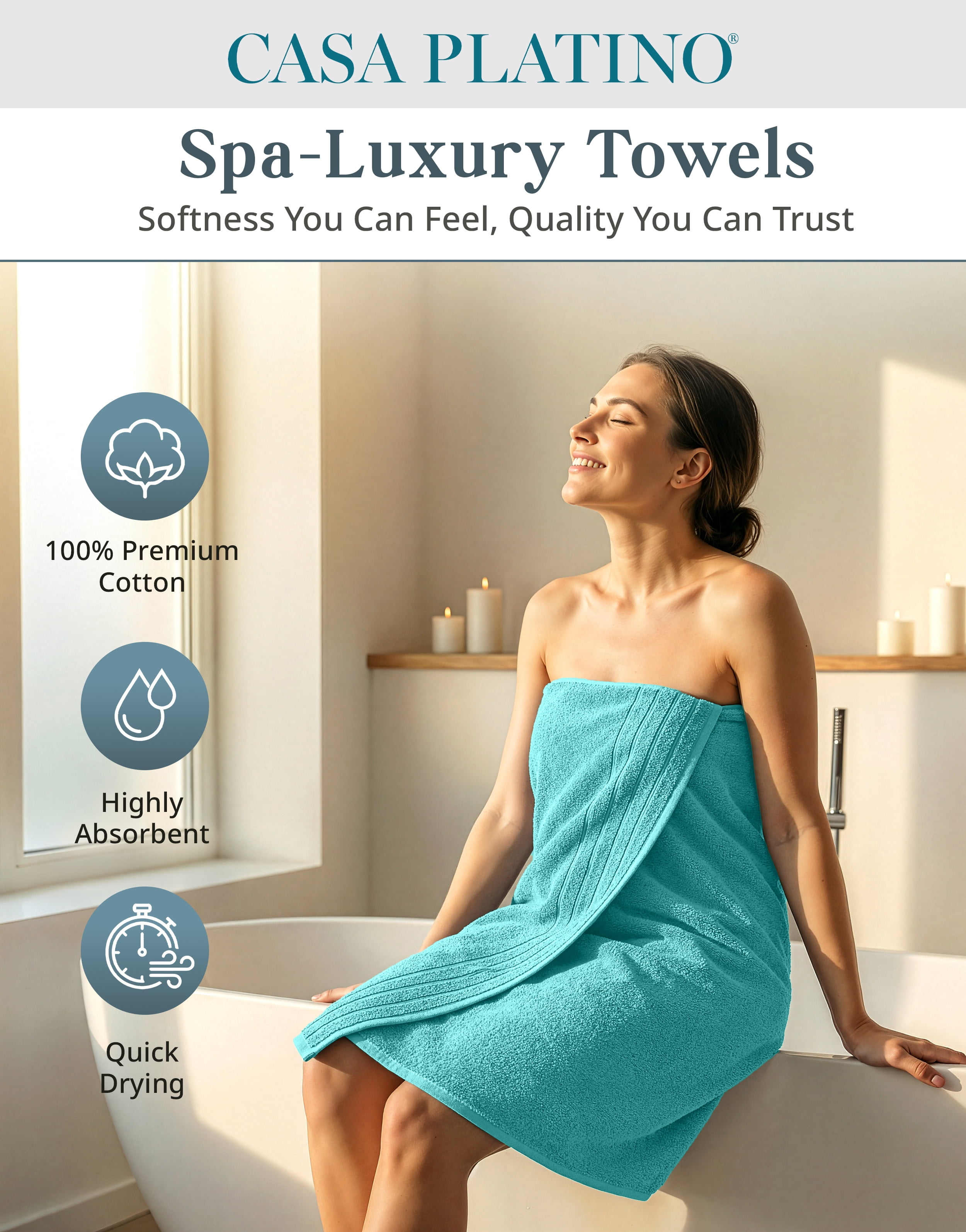 Casa Platino Bath Towel Set of 8 – 100% Ring-Spun Cotton with 2 Bath, 2 Hand Towels & 4 Washcloths, Ultra Soft, Quick-Dry, Ideal for Spa, Hotel & Everyday Use – Aqua Sky