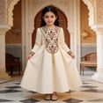 thumbnail image 5 of Wuxian Child Girls Long Sleeve Dresses Traditional Flower Plaid Graphic Embroider Round Neck High Waist Pleated A-Line Long Dress Fashionable Party Birthday Breathable Cozy Dailywear,Beige,3-4 Years, 5 of 9
