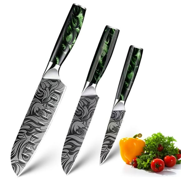 Kitchen Knives Set of 3 Japanese Santoku Knife Damascus Laser Stainless Steel Chef Knifes with 7" Santoku Knife,5" Santoku Knife and 4" Paring Knife