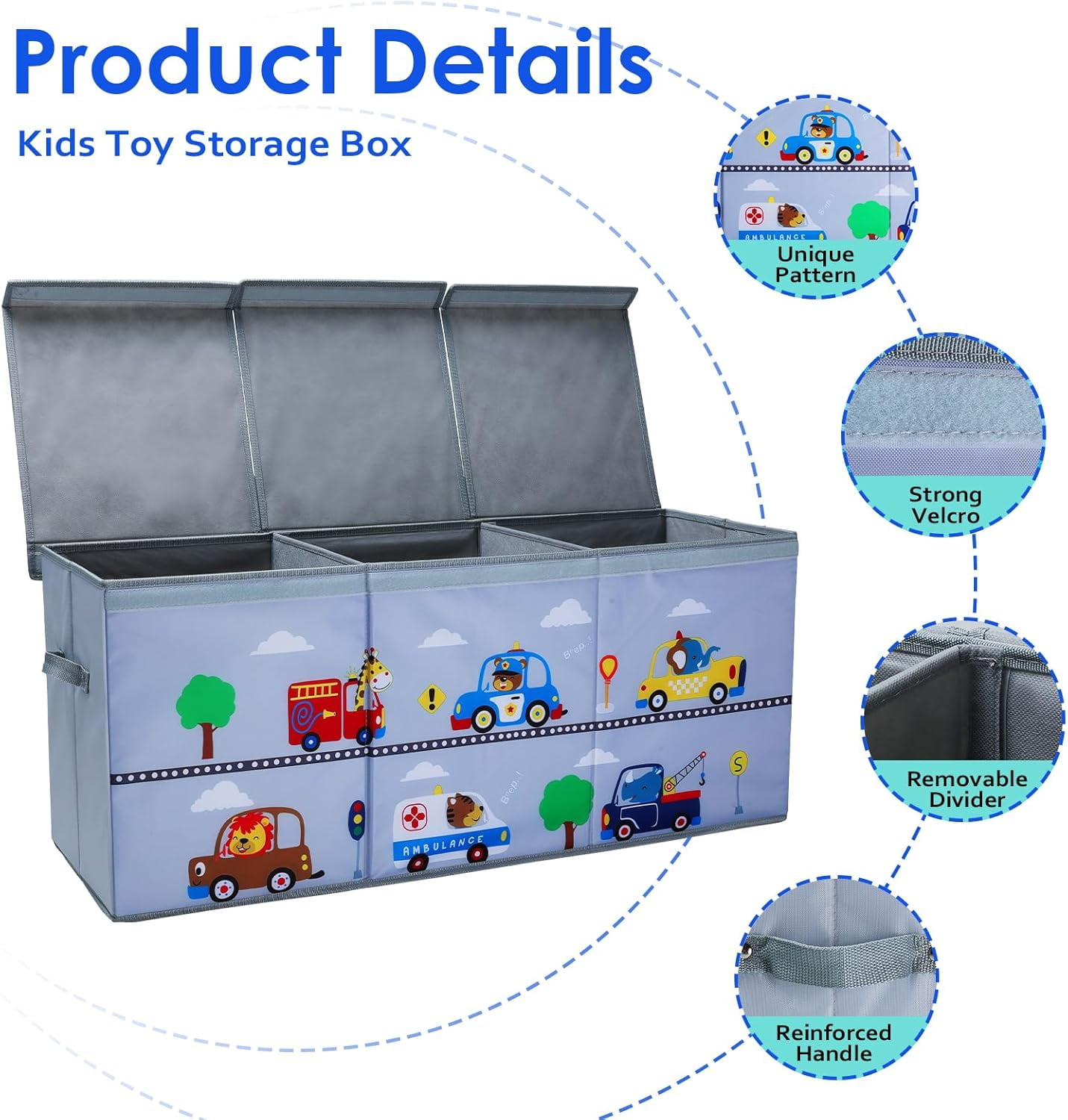 Toy Box Chest for Kids, Collapsible Oxford Toy Storage Box with Handles for Boys, Extra Large Sturdy Waterproof Toy Organiser for Bedroom Playroom, 37.7×12.5×15.7 Inch (Animal Cars)