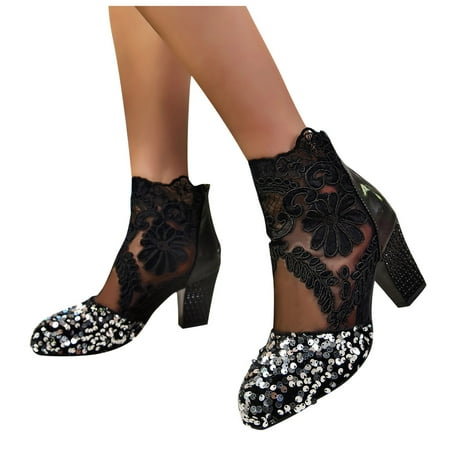 

Mepaouo Women Sequin Dress Ankle Boots Floral Heel Formal Prom Slip on Heeled Shoes(Silver 9)