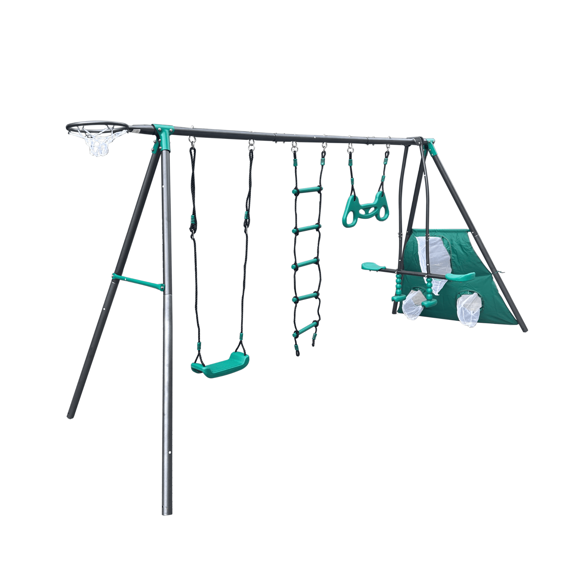 Interesting 4 in 1 Swingset with Net Swing and Face to Face Metal Plastic Safe Swing Seat,Heavy Duty Rustproof A-Frame Metal Outdoor Swing Set for Backyard,550lbs