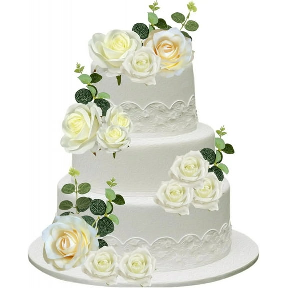 Flower Cake Toppers Boho Cake Toppers White Rose Flowers Leaves Cake Decorations for Girl Women Birthday Wedding Bridal Party