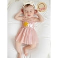 thumbnail image 5 of BemeyourBBs Newborn Baby Girl First Birthday Outfit 1st Birthday Summer Clothes Smocked Romper Dress Strap Tie-Up Sleeveless Embroidery Sun Letters Tulle Tutu Dress with Headband, 5 of 9