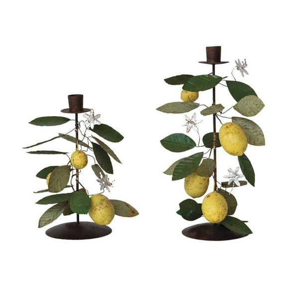Vintage-Inspired Metal Toleware Taper Candle Holder with Lemons  Leaves