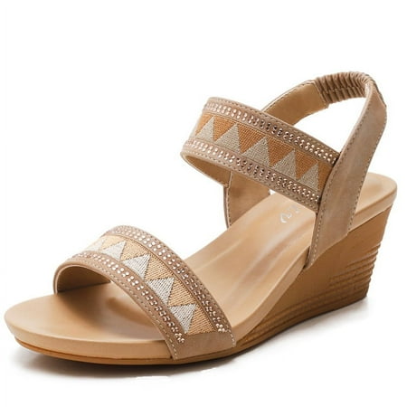 

Women Lightweight slip-on rhinestone hollow Wedges Sandal summer elastic ankle Strappy Dress platform Roman sandals