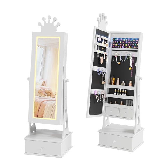 Panapinka Kids Jewelry Armoire Cabinet, Standing Jewelry Organizer with Full-Length Mirror, 3 Storage Drawer, Kids Vanity Dress Up Mirror Jewelry Cabinet for Girls