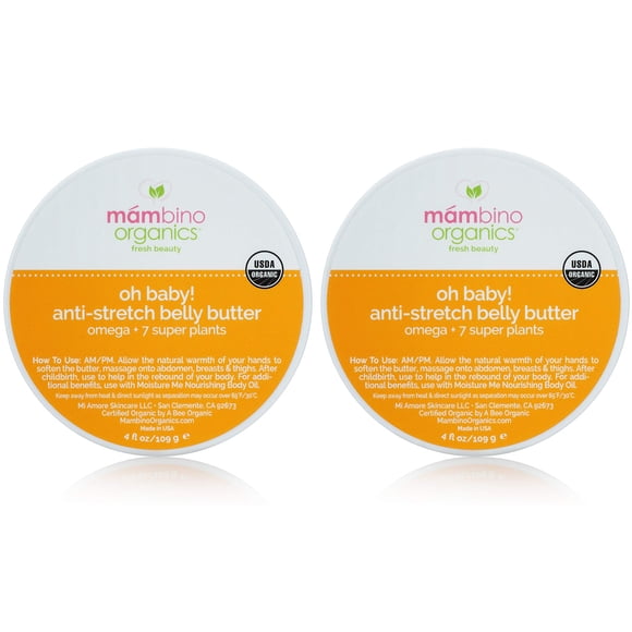 Mambino Organics ¡Oh bebé! Mantequilla para el vientre - Crema orgánica para estrías para el embarazo con manteca de karité y cacao holandesa - Vitaminas omegas para elasticidad - Cuidado de maternida