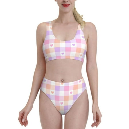 Bixox Heart Buffalo Plaid Pattern Two-Piece Sports Bikini with U-Shaped Top and High-Waist Bottom - Women s Swimwear with Removable Bra Pads