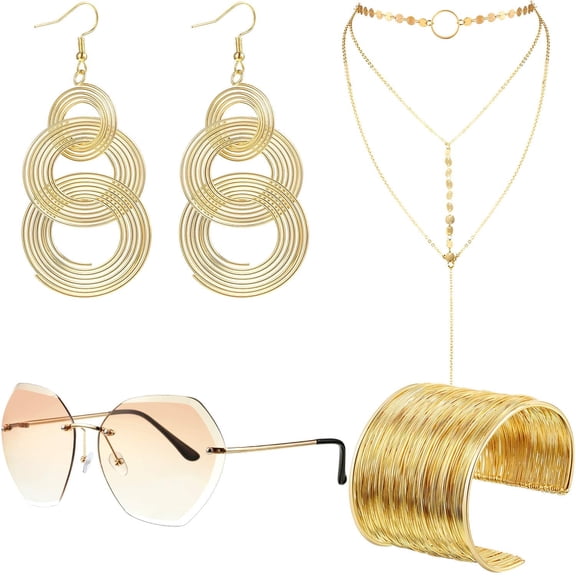 4 Piece 70s Disco Accessories for Woman with Rimless Diamond Sunglasses Wire Bracelets Triple Layered Choker and Gold Earrings