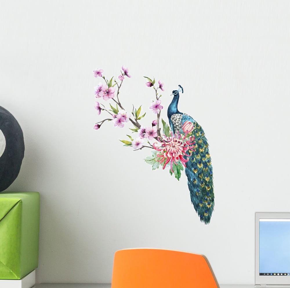 Watercolor Peacock with Flowers Wall Decal Wallmonkeys Peel and Stick Animal Graphics (12 in H x