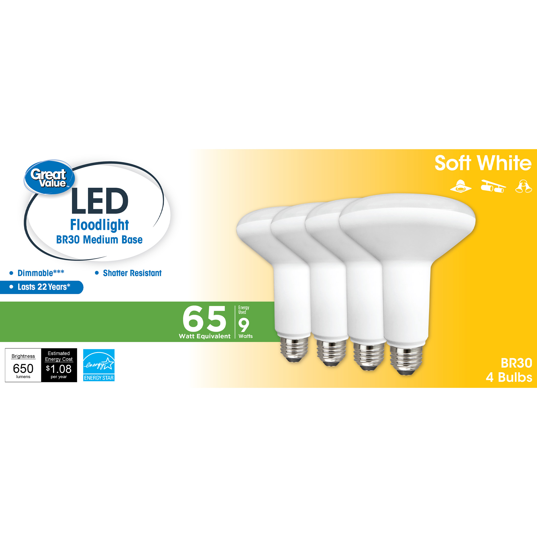 Great Value LED Light Bulb, 9W (65W Equivalent) BR30 Floodlight Lamp