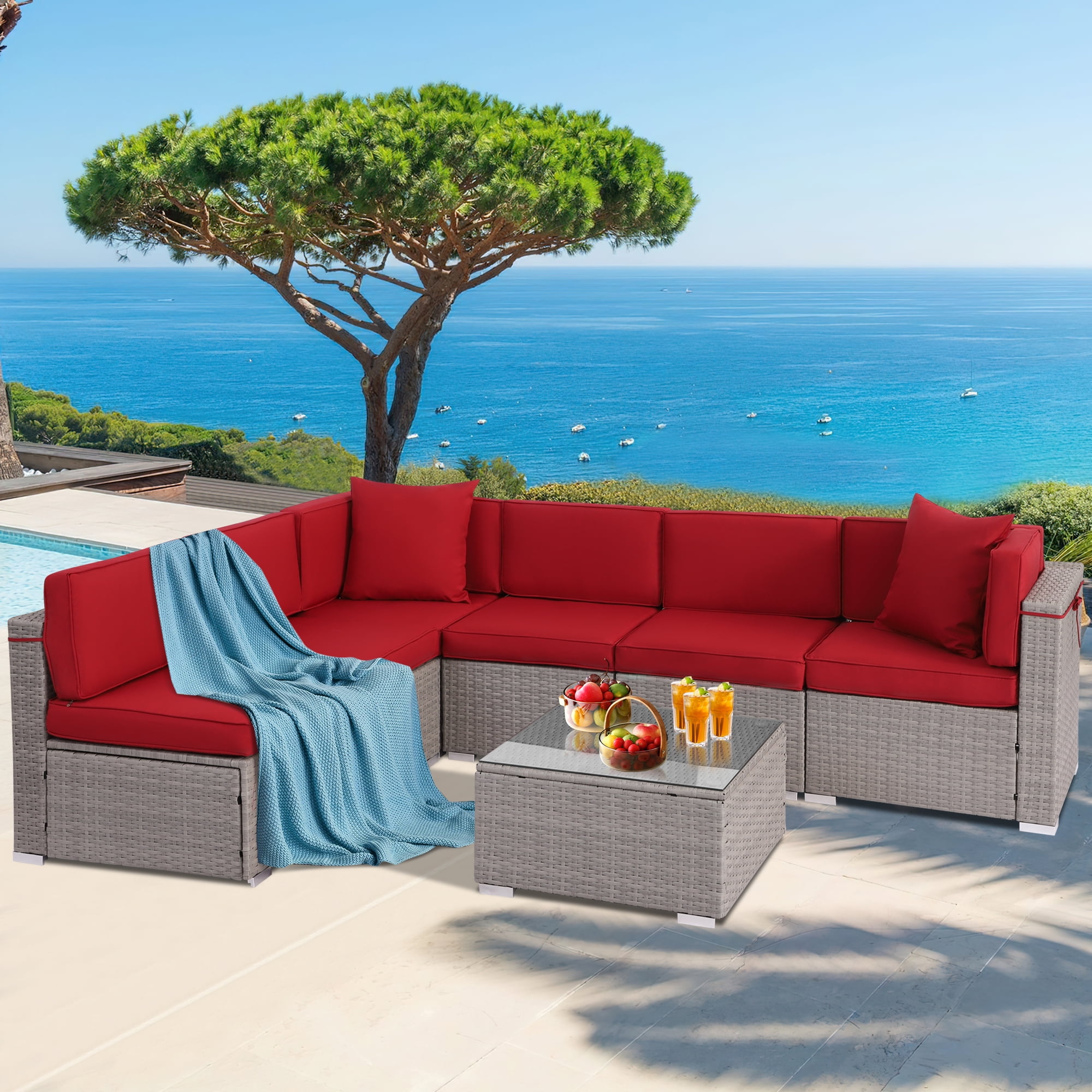 KIGOTY 7 Piece Patio Furniture Outdoor Wicker Sofa Set , Rattan Patio Sectional Furniture Seat