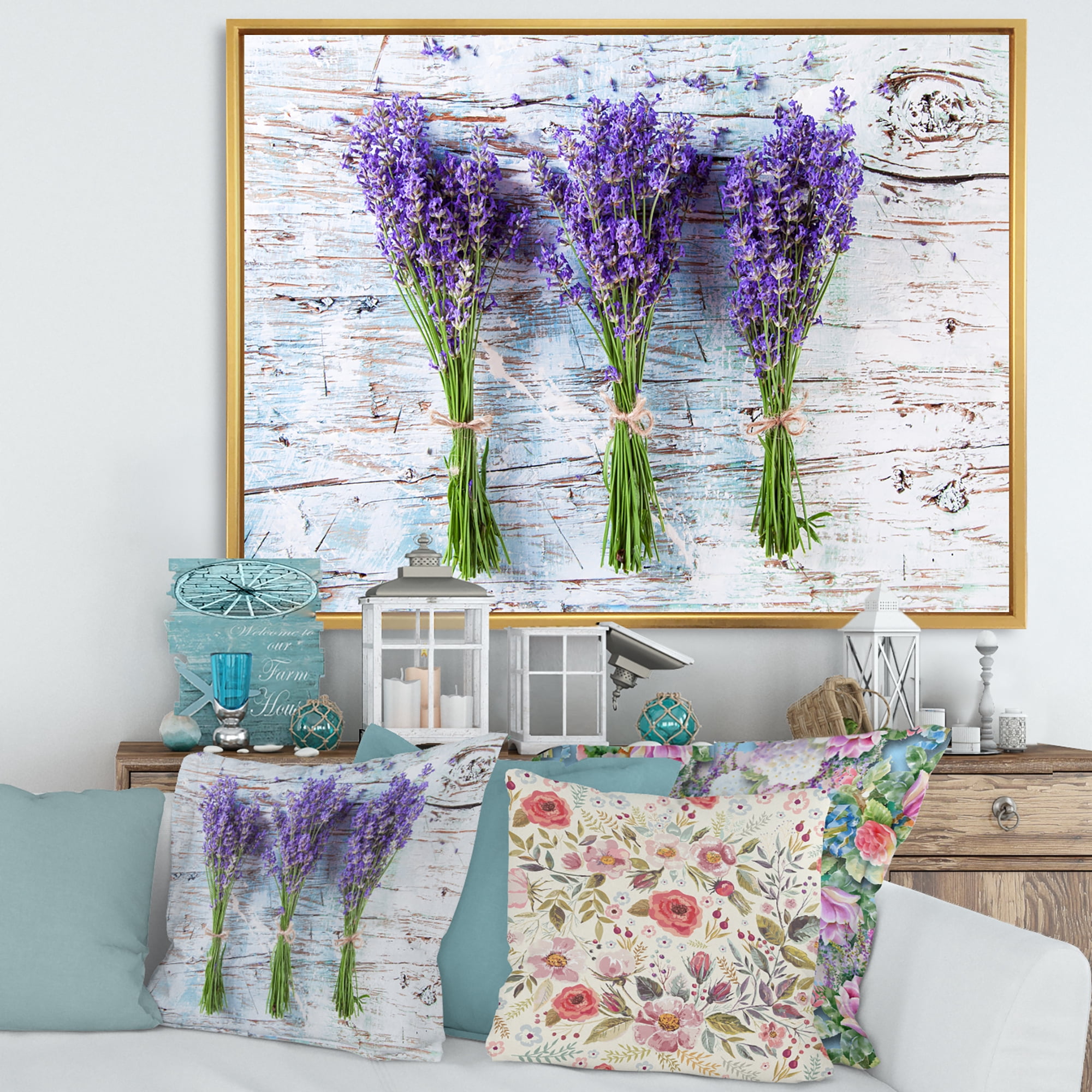 Designart 'Fresh Lavender Bouquets On Wood' Farmhouse Framed Canvas Wall Art Print