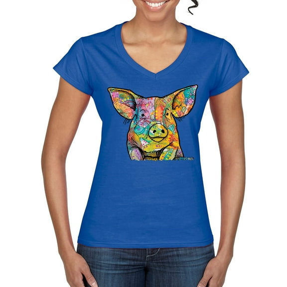 Dean Russo The Pig Animal Lover Women's Standard V-Neck Tee, Royal, Large