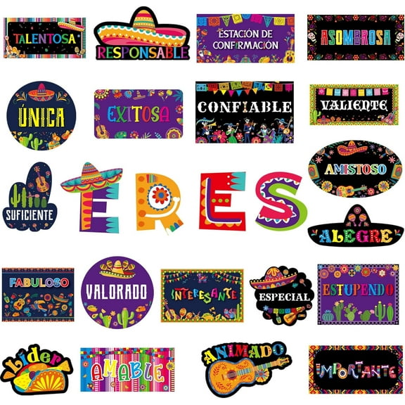 24 Pcs Affirmation Station Spanish Bulletin Board Set Spanish Motivational Classroom Decor Positive Inspirational Cutouts for Teachers Back to School Wall Supplies (Mexican)