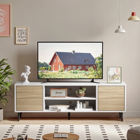 Vineego TV Stand for 65 Inch TVs, White & Walnut Storage Cabinet with Drawers & Cord Management, Entertainment Center