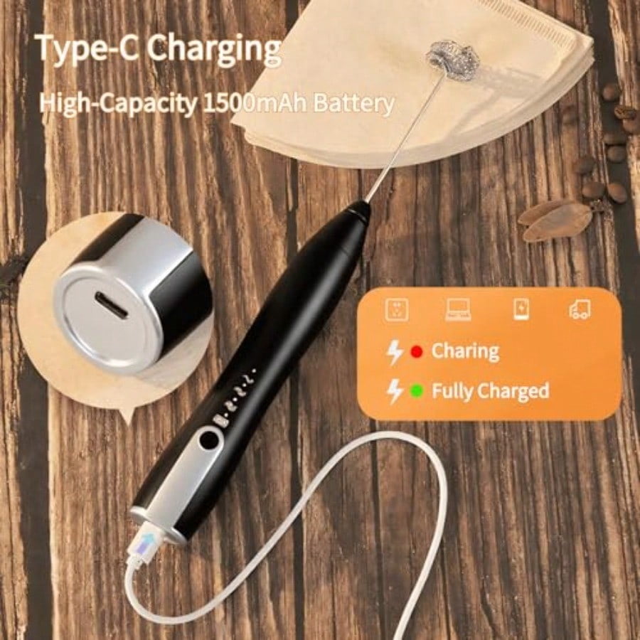 Rechargeable Milk Frother HandheldKitchen Essentials Hand Mixer with 3 Stainless Whisks Heads Electric Whisk Frother for Latte Cappuccino Matcha Egg Milk Powder with Stand black