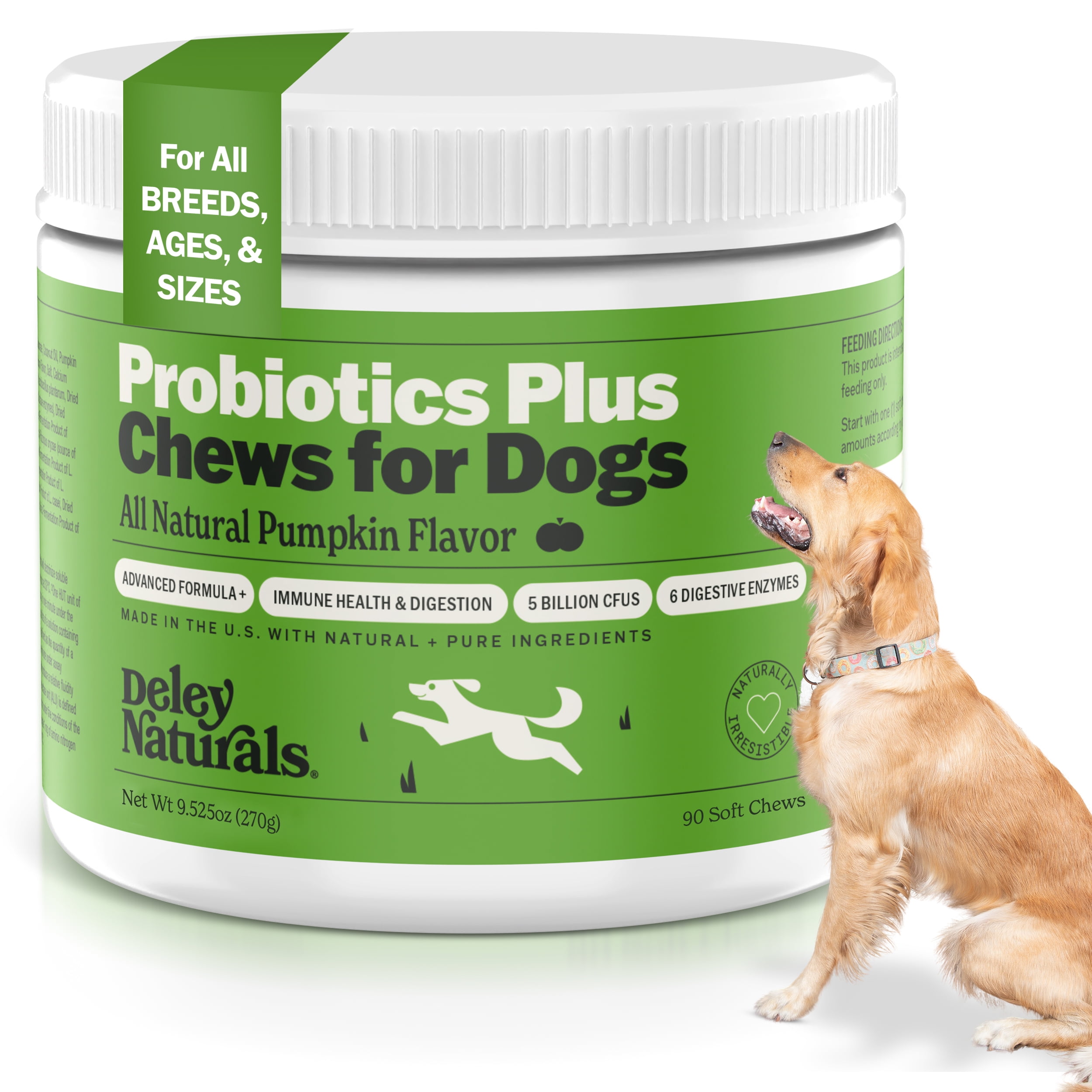 Deley Naturals Probiotics Plus Chews for Dogs, Gut Health Supplement, Prebiotics, Pumpkin Flavor, 90 Count