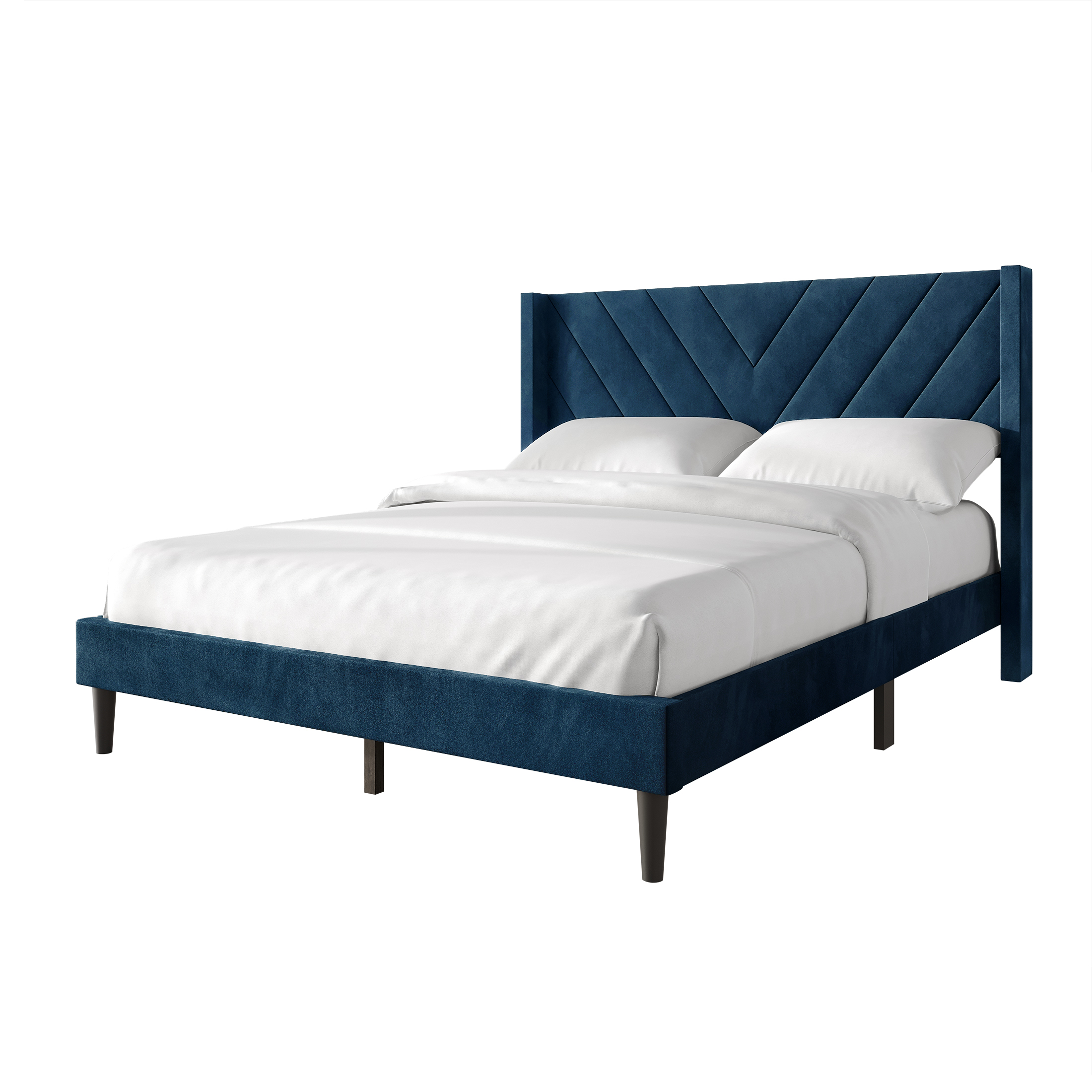 Castle Place Sophisticated Wingback Velvet Upholstered Full Platform Bed, Navy Blue