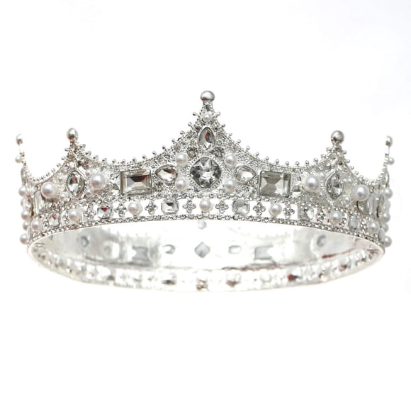 FORSEVEN Corona de Rey para Hombres Corona Accesorio de Traje Real Tiara de Graduación Barroca Vintage Perla de Cristal Tiaras de Boda Nupcial Fiesta de Cumpleaños Coronas Redondas (Plata)
