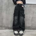 thumbnail image 2 of EnJoCho Kids Cargo Denim Jeans Straight Wide Leg Baggy Pants Girls Boys Casual Washed Black Trousers Hiphop Streetwear Elastic Waist Comfort Jeans Pants, 2 of 5